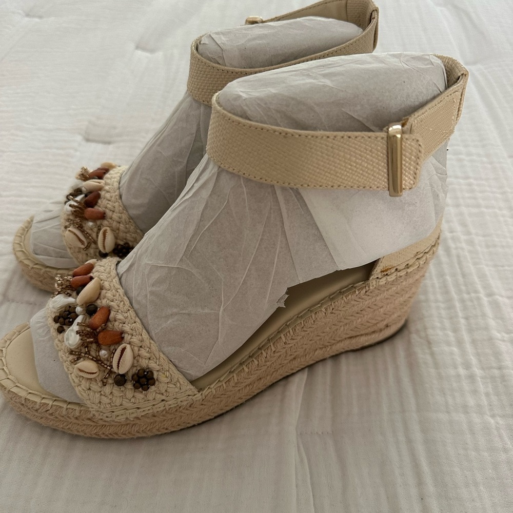 Beige Woven Wedge Sandals